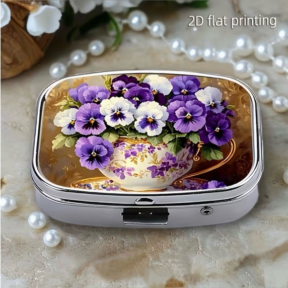 Accessories - Pansy Floral Nature Inspired Pill Organizer 2-Compartment Compact Pill Case New